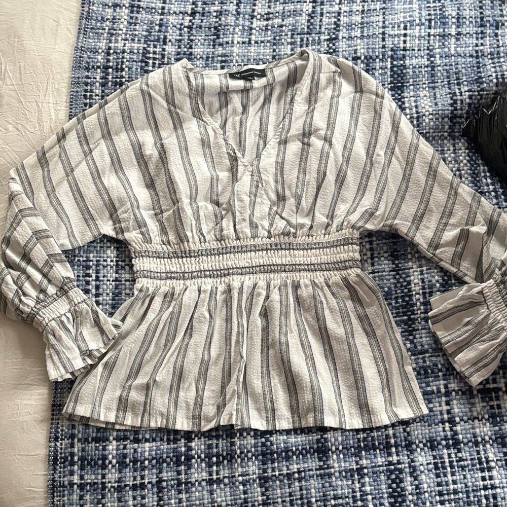 INC International Concepts Gray and White Smocked Peplum Blouse